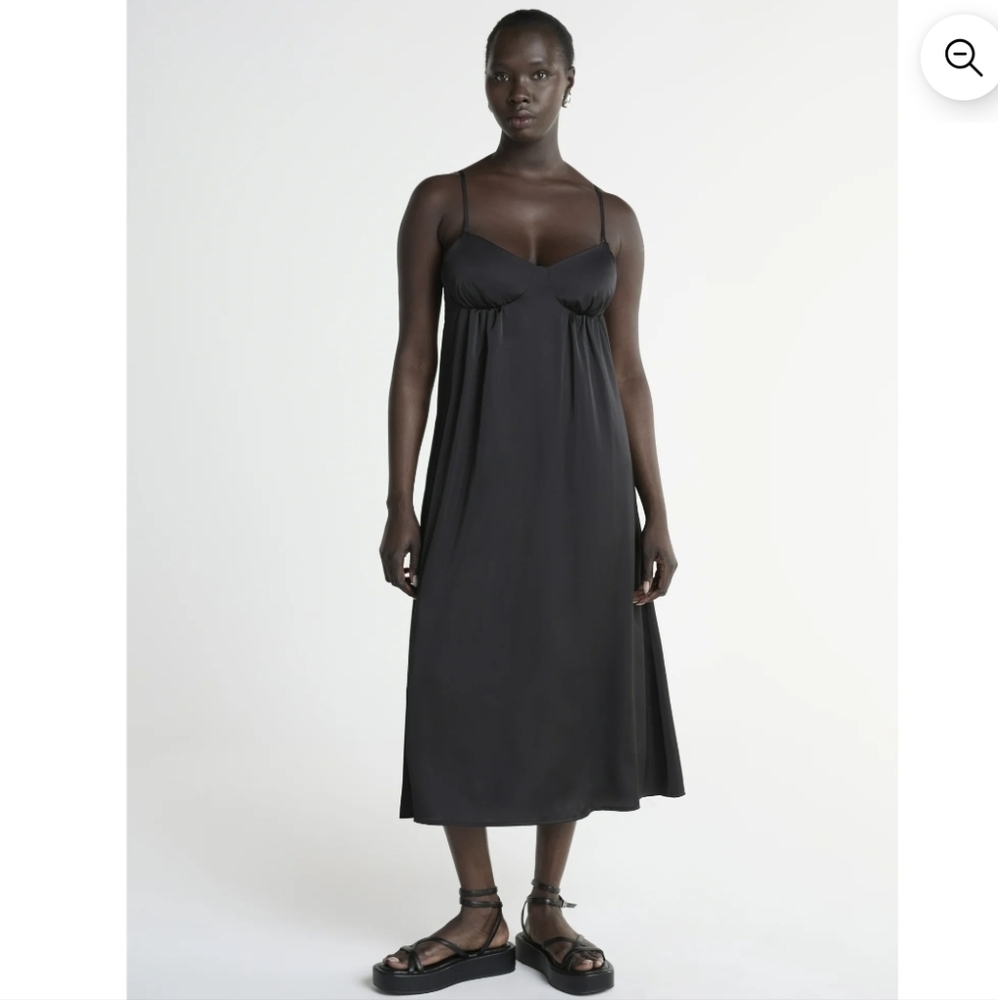 Satin Black Midi Slip Dress with Spaghetti Straps